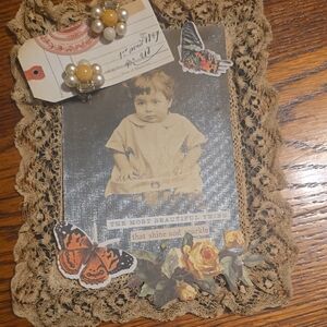 Vintage Lace Photo Frame with Butterfly and Floral Accents With Vintage Earrings